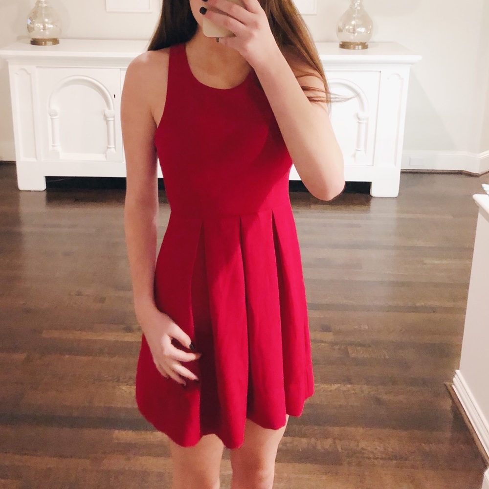 Red Lulus Back Cut Out Pleated Fit and Flare Dress